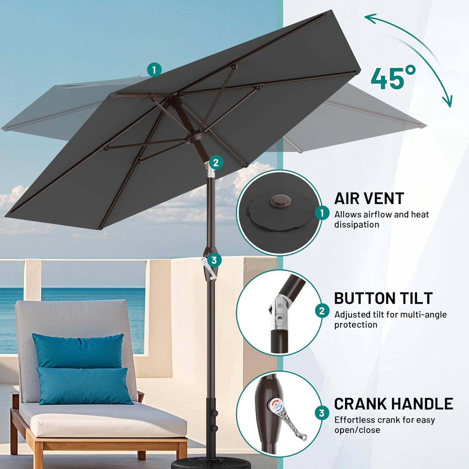7.5FT Patio Umbrella Table Market Umbrella with 6 Sturdy Ribs, Button Tilt/Crank, Heavy-Duty Outdoor Umbrellas for Pool, Deck, Garden and Backyard, Gray