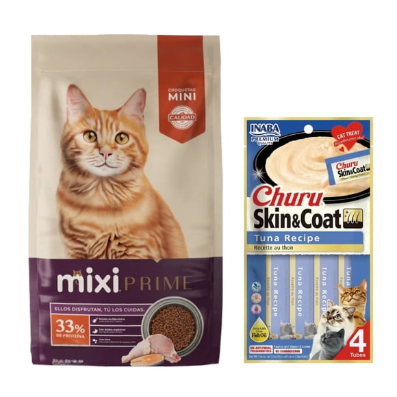 Mixi Prime 3 Kg + Churu Skin & Coat Atún Snack 4 tubos de 14g