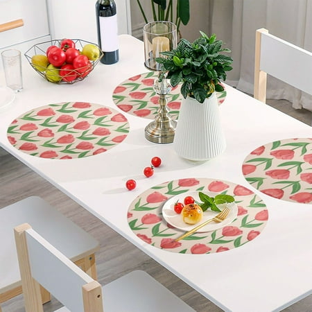 

Round Grid Placemat One Sizex1 Round Placemat PVC Plate Mat，15.4 Inch Non-Slip and Heat Resistant Table Placemat Dining Room Placemat Cartoon Red Flower Seamless3