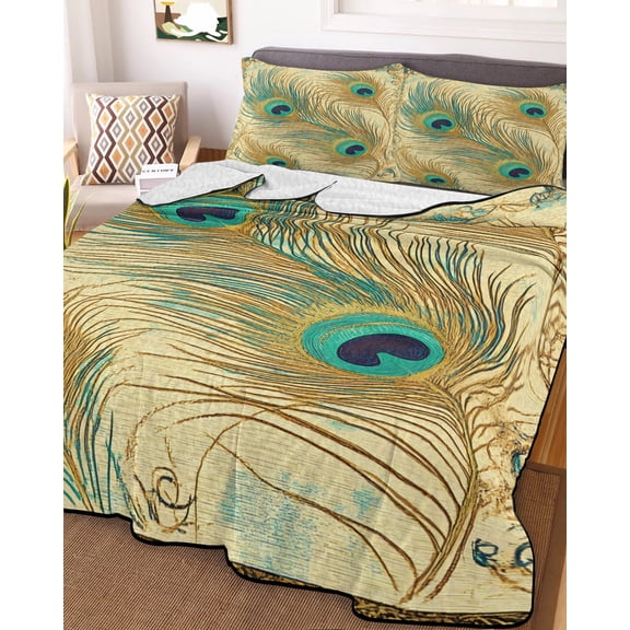 Peacock Feathers Queen Size Down Alternative Comforter, Lightweight Comforter Quilt Bedding Set with Pillow Shams Brown Turquoise Vintage Abstract All Seasons Bed Comforter Duvet Insert 90"x96"