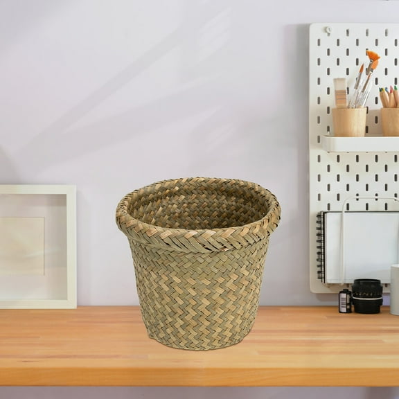 HAMPPLIES Khaki Decorative Woven Waste Basket Rattan for Trash Can in Restaurant 1Pack