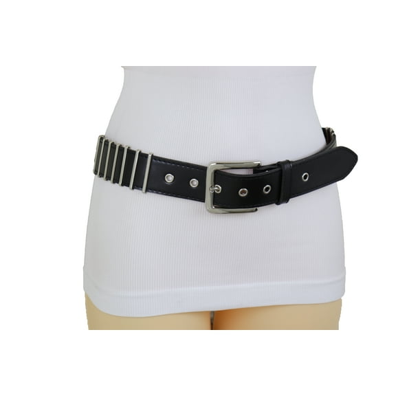 Women Black Faux Leather Biker Fashion Hip Belt Silver Metal Stripe M