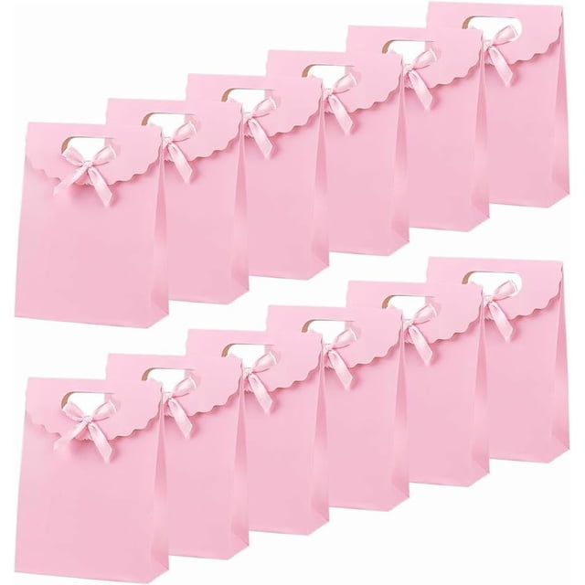 24 bolsas de papel kraft rosa con asa, 16,5 x 12,5 x 6 cm, pequeñas, con lazo y cierre de pie.