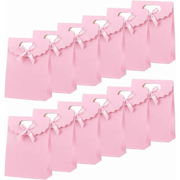 24 Pcs Pink Kraft Paper Bags with Handle 6.5x4.72x2.36 Inch Stand Up Gift Bag with Ribbon Bowknot Small Gift Bag