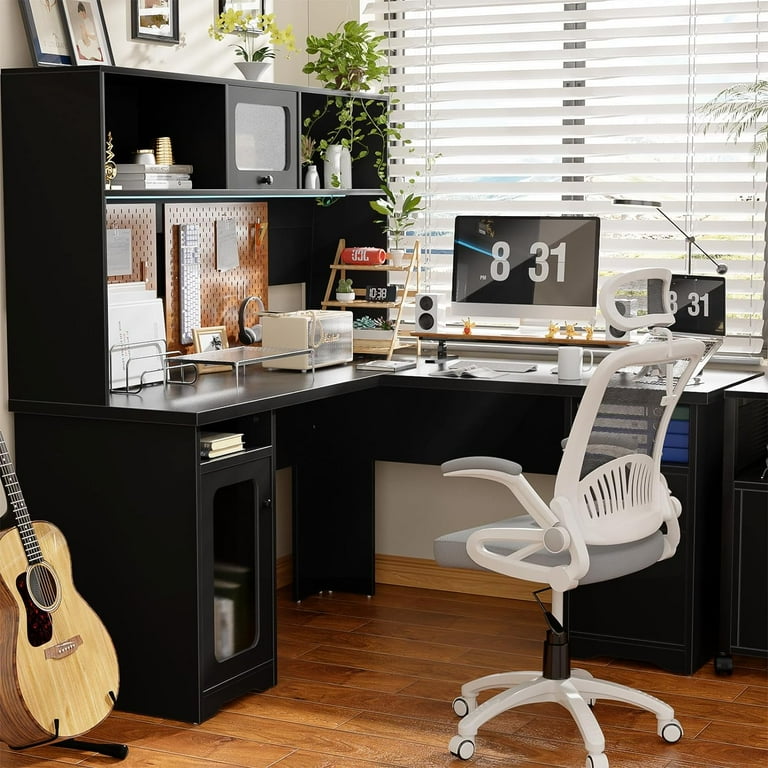 Homieasy L Shaped Desk with Power Outlet and LED Lights 60 Inch Large Corner Computer Desk with Drawers and Hutch Sturdy L Shaped Office Desk with