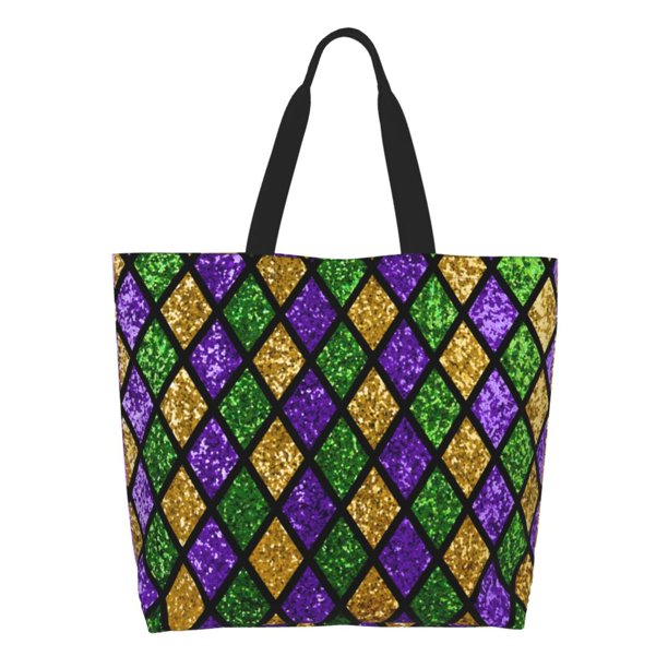 Balery Mardi Gras Shiny Green Purple Bolsa Tote Estilo Estético con Cremalleras, Bolsa de Hombro, Bolsa de Compras Grande y Plegable