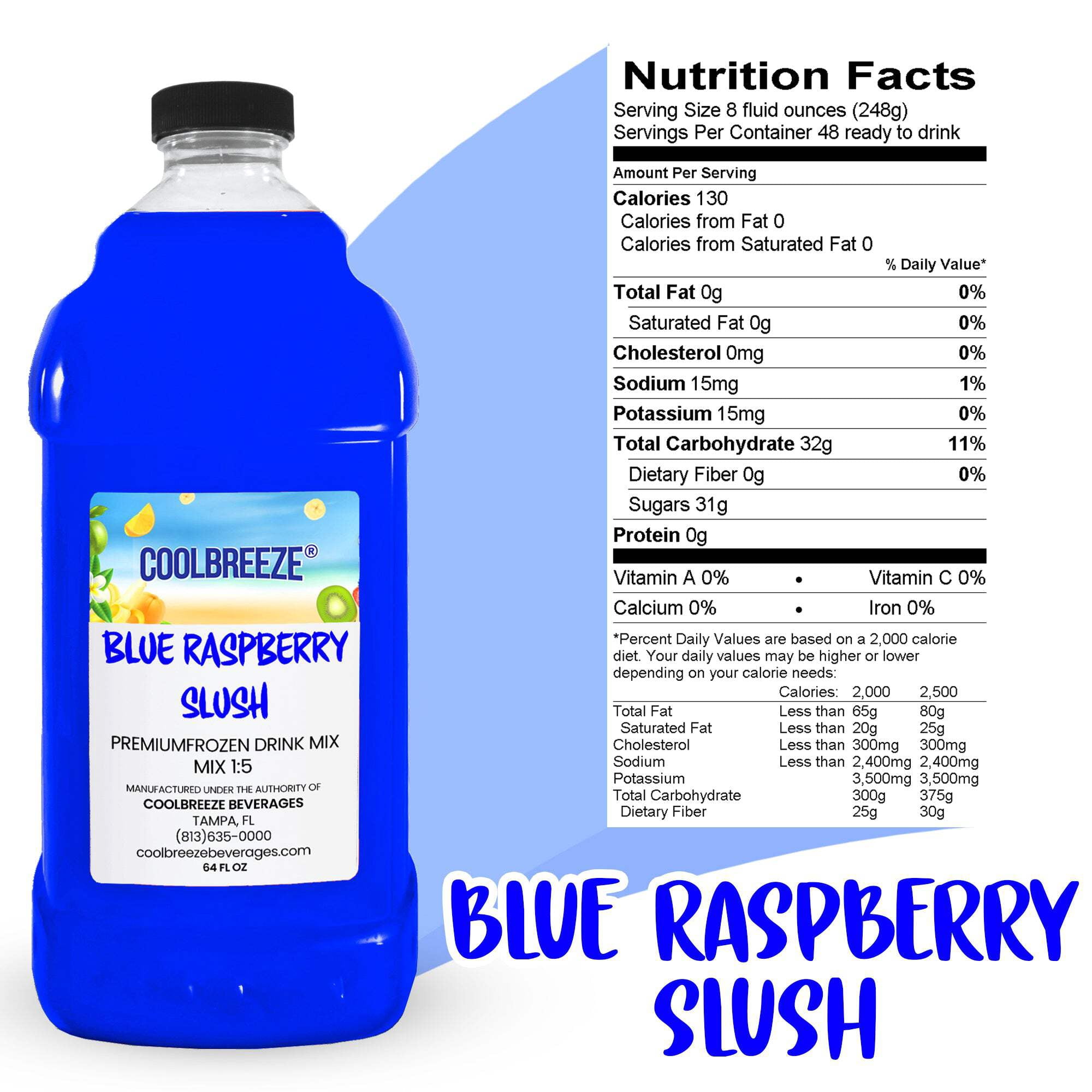 Cool Breeze Beverages Shelf Stable, Frozen Drink Mix - Slushy, Snowcone, Ice Pop Flavor Syrup - 1/2 Gal (64fl oz) Bottle - Blue Raspberry Slush