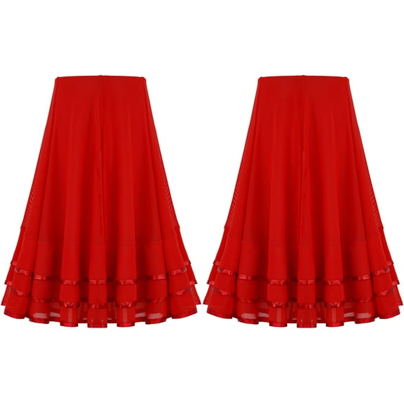 renvena Kids Girls High Waist A Line Midi Skirt Elegant Ballroom Dance Wear 6-14 Red 6