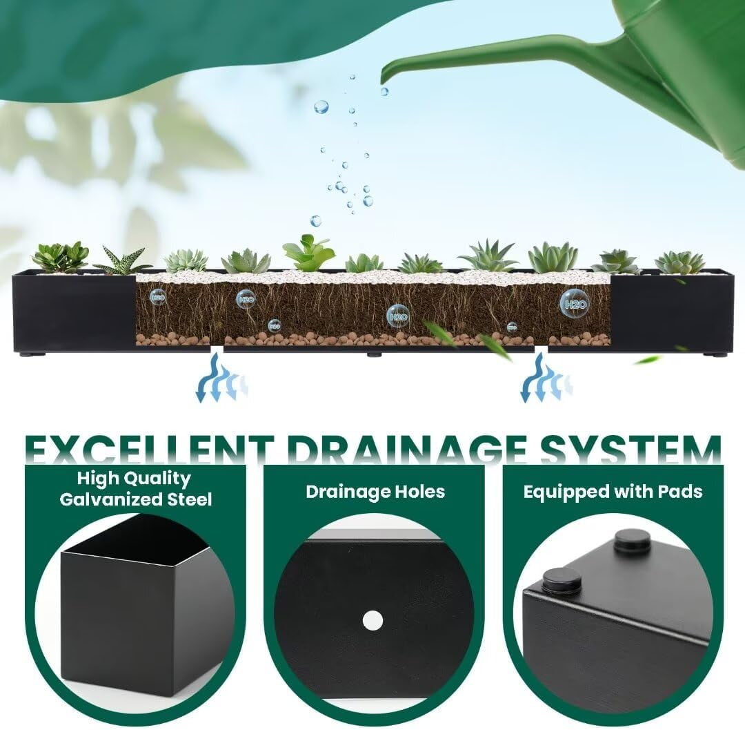 32" Trough Rectangle Planter Window Sill Planter Box Long Window Planters Modern Galvanized Steel Succulent Planter Black Metal Windowsill Pot for Indoor Plants Herb Table Home Outdoor