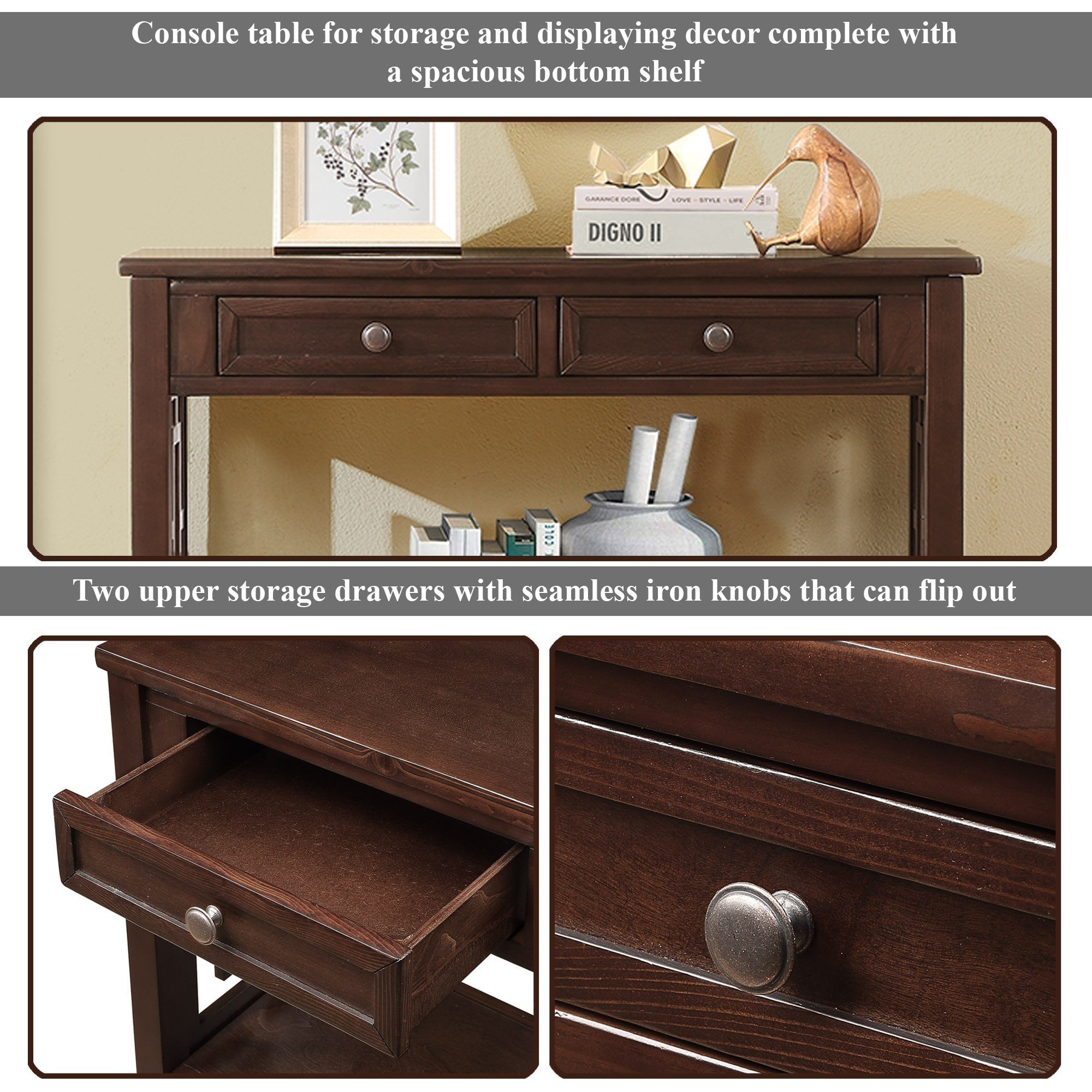 PORKISS Farmhouse Solid Wood Console Table, Entryway Table Hallway Table with 4 Drawers 1 Storage Shelf, Sofa Table for Living Room, Foyer, Espresso