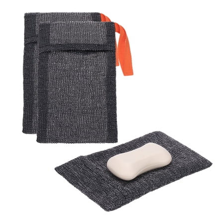 Uxcell Loofah Soap Pouch, 2 Pcs Bar Soap Saver Bag with Orange Handle Nylon Body Scrubber Pouch Exfoliating Net for Body Shower Foaming Travel Camping, Grey
