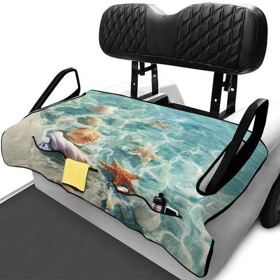 XYZCANDO Starfish and Seashell Pattern Golf Cart Seat Covers with Pockets, Easy to Install Golf Cart Seats Cushion Fit for Club Car
