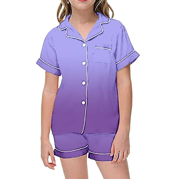 Little Girls Silk Pajamas Set Gradient Short Sleeve Button Down Top Shorts Girls Summer PJS Girls Outfits Size 4T