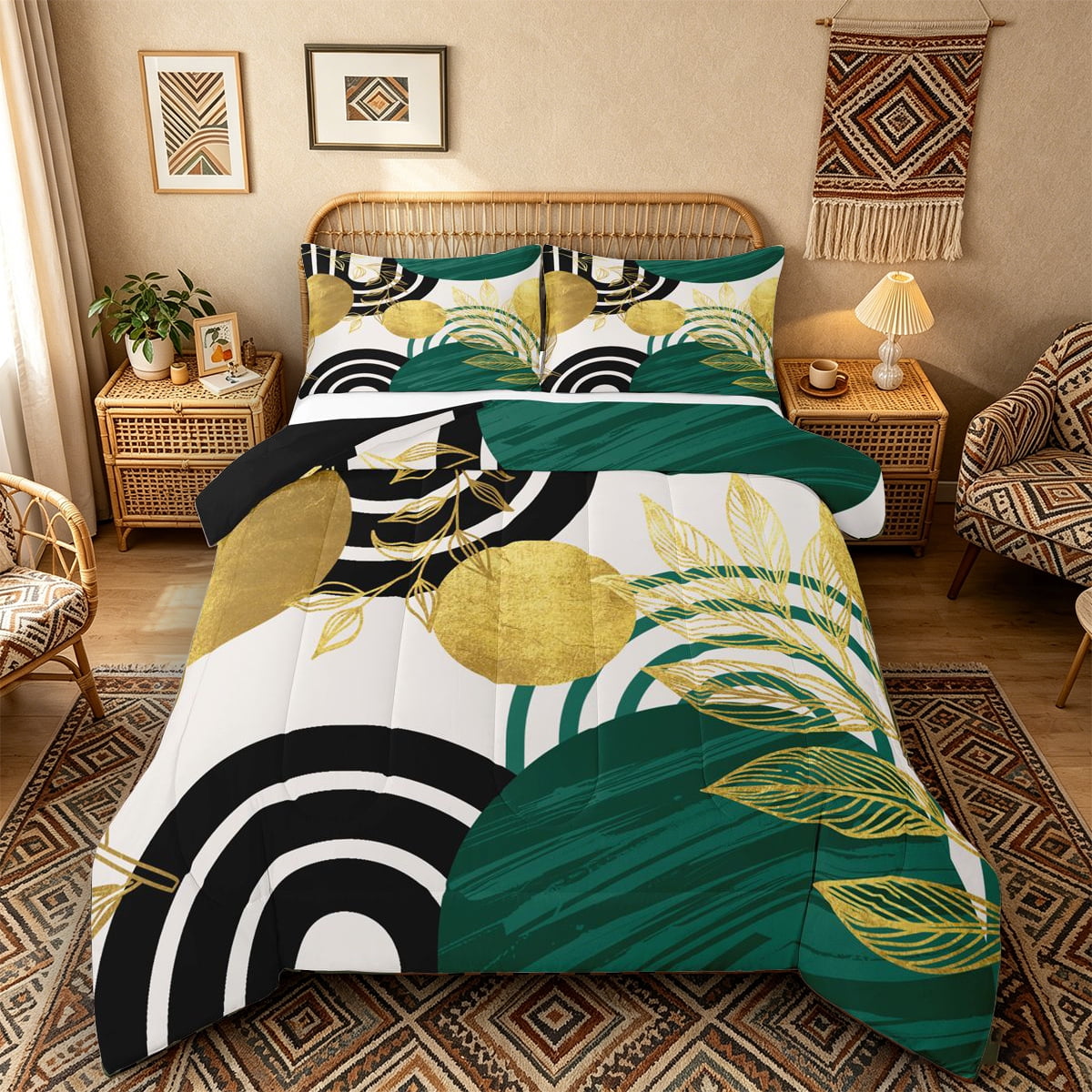 Castle Fairy Boho Tropical Leaf Queen Comforter Set 3pcs for Teens Geometric Art Bedding Comforter Set for Bedroom Green Gold Black Reversible