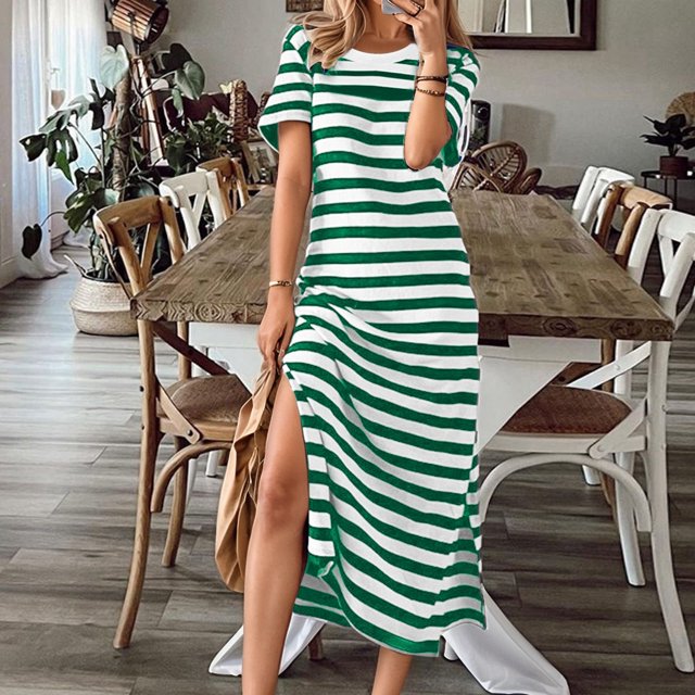 WILLBEST Vestidos Floreados para Mujer Vestido Casual de Mujer Moderno para Uso Diario Vestido Largo A Rayas Elegante para Primavera Verano con Zapatillas Cómodo y Versátil XXXXGrande