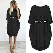Fesfesfes Spring Dresses for Womens Loose Cat Print Jumper Dress Oversized Long Sleeve Robe Tunic Dress with Pocket