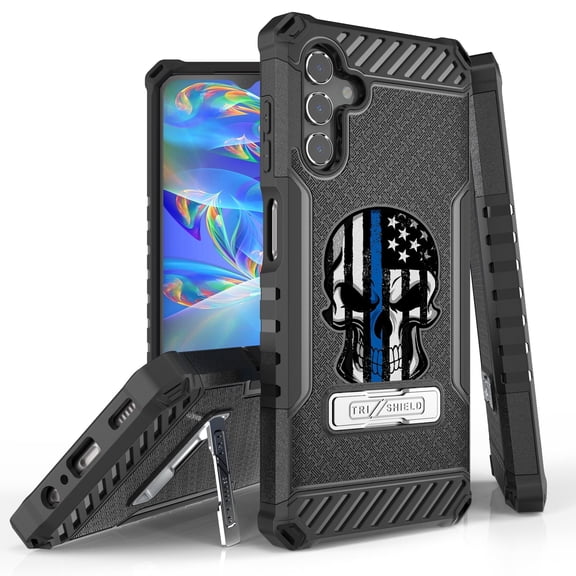 Tri-Shield Case for Gabb Phone 3 Pro, Slim Shockproof (MIL-STD 810G-516.6 Drop Tested) Military Grade Metal Kickstand Protective Cover - Black Skull