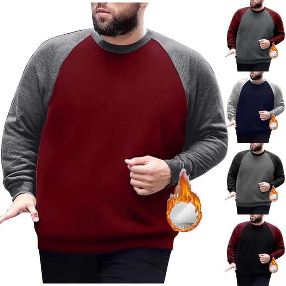 Zedker Men's Big and Tall Shirts Fleece Lined Crewneck Sweatshirts, Loose Pullover Casual Outdoor Color Block Raglan Sleeve Tops