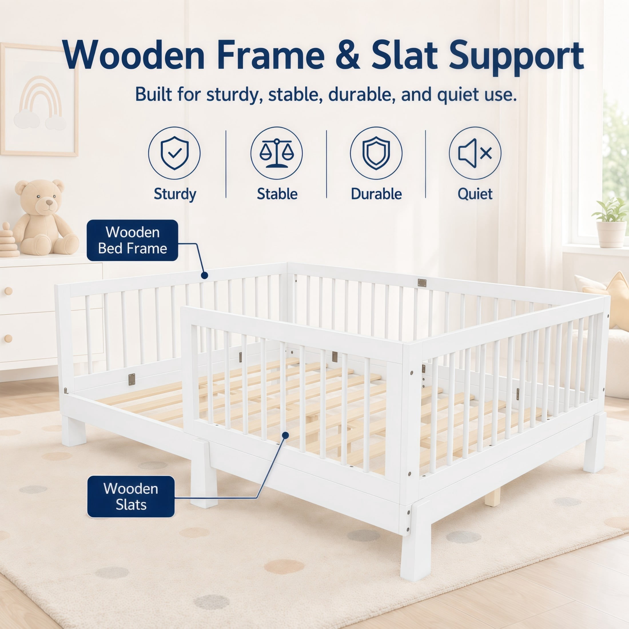 GDF Studio Rolley Full-Size 3-in-1 Convertible Montessori Floor Bed with Guardrails, Pine Wood Kids Bed Frame, White