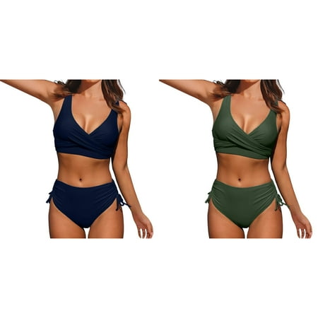 2 Pack(Dark Blue & Army Green) Women High Waisted Bikini S Board Shorts Set Push Up Two athletic Swimsuits with Shorts Piece Swimsuits Vintage Swimsuit Two Pie
