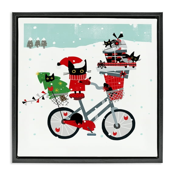 Stupell Industries Holiday Catmas Bicycle Holiday Painting Black Floater Framed Canvas Art Prints Wall Art, 18 x 18