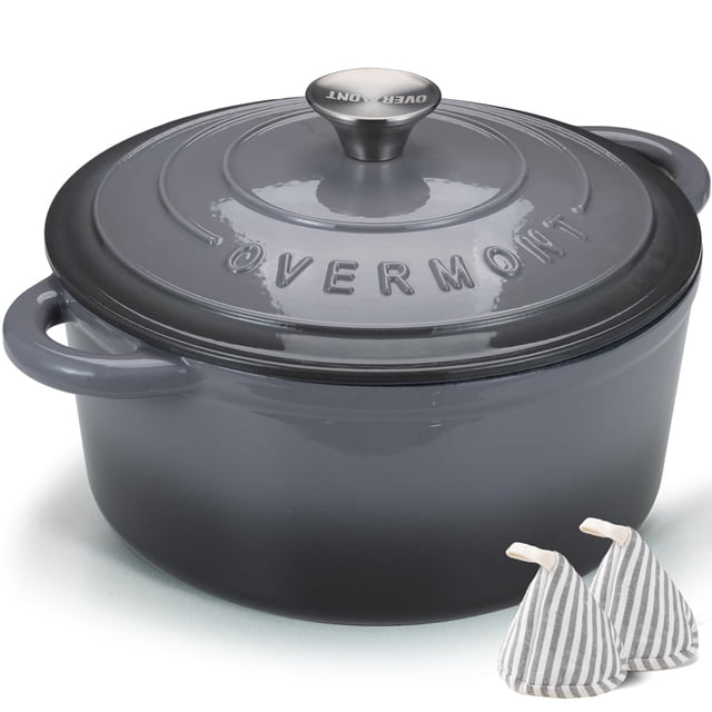 Horno holandés de hierro fundido esmaltado Overmont de 4,5 cuartos con tapa, libro de cocina y agarraderas de algodón. Utensilios de cocina resistentes para estofar, guisar, asar y hornear pan. Gris.