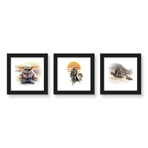 Gallery Pops Star Wars: The Mandalorian - Mando and Grogu Wall Art Bundle (3-Pack), Black Framed Version, 12" x 12"