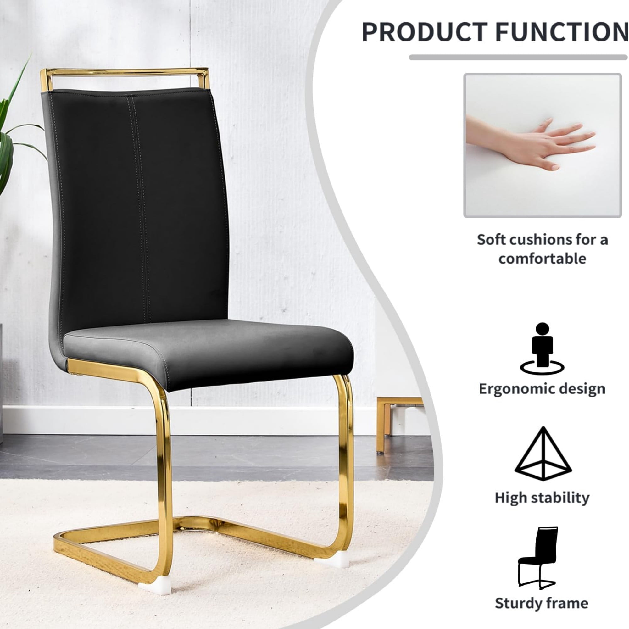 TesNus Modern Dining Chairs Set of 6,High Back Black Kitchen Chairs,Faux Leather Side Chair with Gold Plated Metal Legs,Easy to Clean Upholstered Dining Chairs,Ideal for Living Room(Gold Leg)