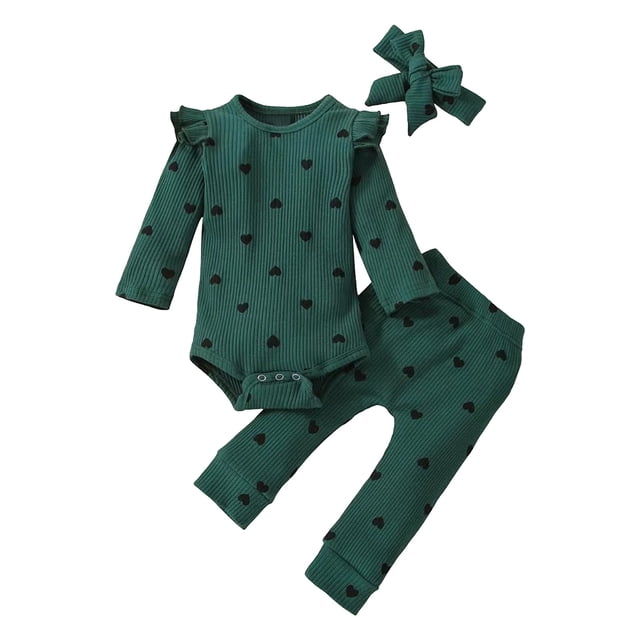 Niña Bebé Manga Larga Romper Ropa Recién Nacido Corazón Impresión Ruffle Pantalones Banda de Cabeza Conjunto Traje de Traje para Niños Pequeños