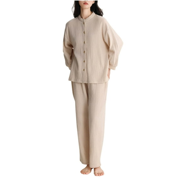 Womens 2 Piece Cotton Pajama Sets Solid Long Sleeve Tops and Pants Set Casual Soft Button Down Matching Pj Outfits