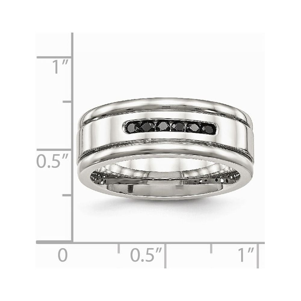 Stainless Steel Polished Grooved Black CZ Ring