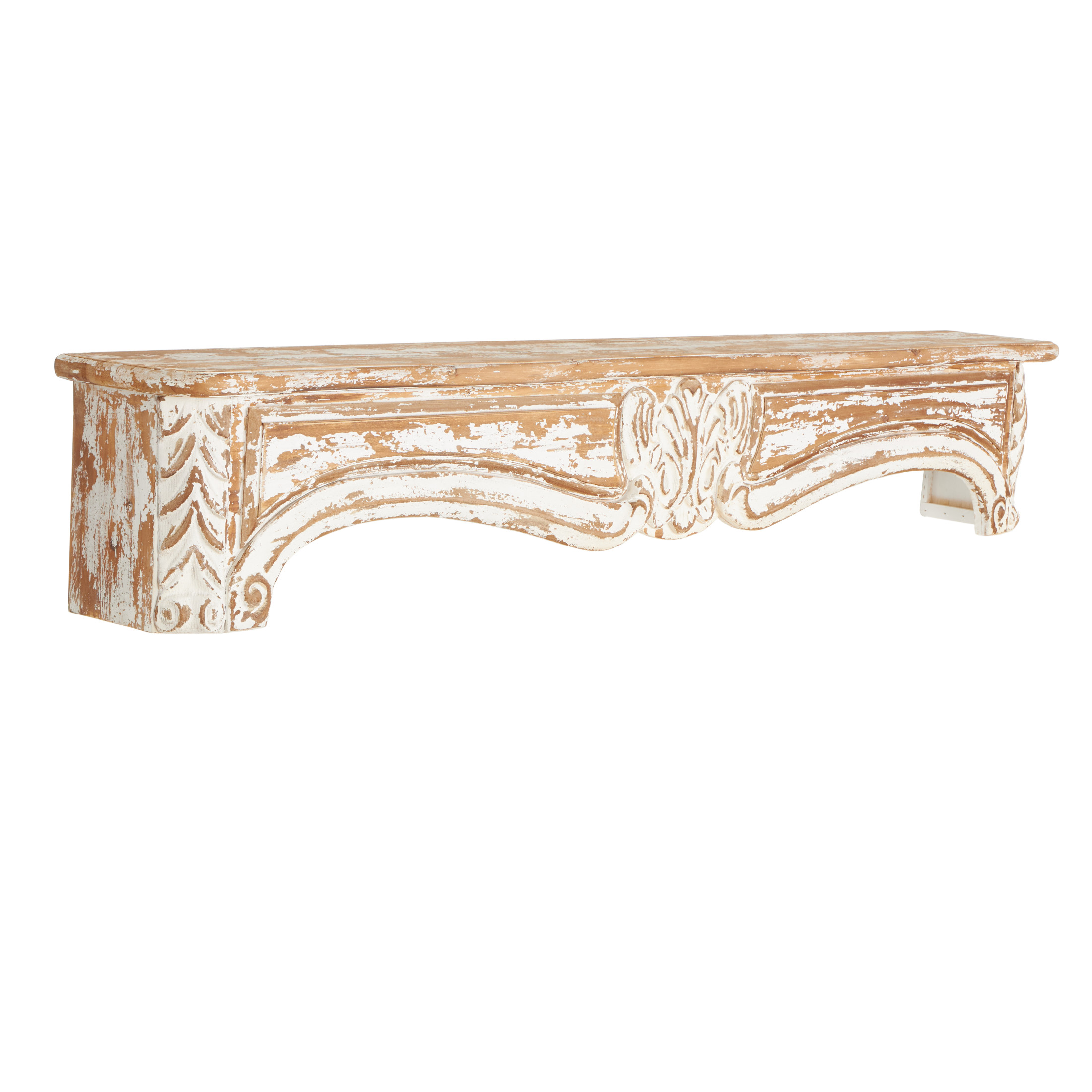 DecMode 60" x 8" Distressed 1-Tier Light Brown Scroll Wall Shelf