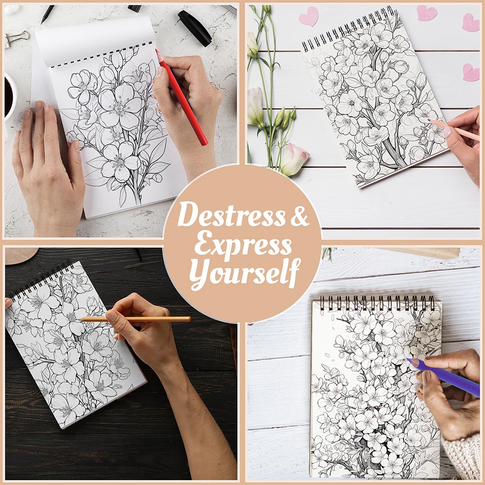 Cherry Blossoms Coloring Book Spiral Bound For Adults, A5 Wooden Cover, 30 Serene Coloring Pages of Blooming Cherry Trees for Stress Relief and Relaxation