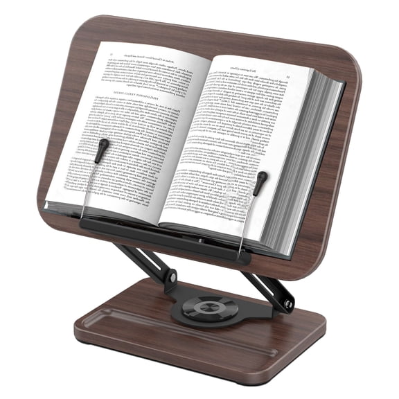 360° Rotating Wood Book Stand for Reading, Adjustable Height & Angle  Hands-Free Laptop Stand with Storage Tray for Cookbook, Recipe, Magazine,Tablet