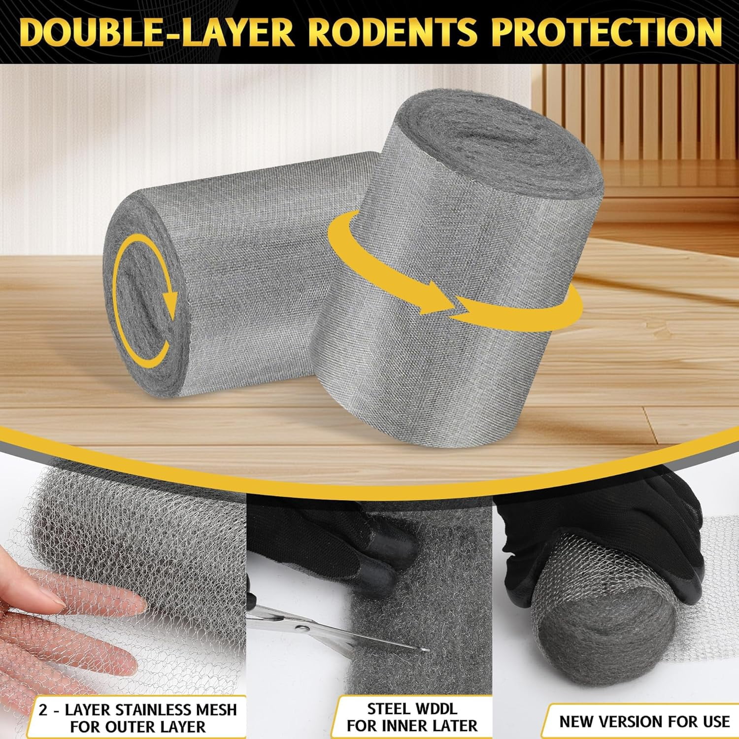 Steel Wool Mice Fabric Roll Contro L - 3 Pcs Steel Wool 0000 & 1 Pcs Wire Mesh with Metal Tweezers, Gloves & Scissors, Steel Wool & Wire Mesh Fill Hole for Mice, Mouse Hole Filler for House Garden
