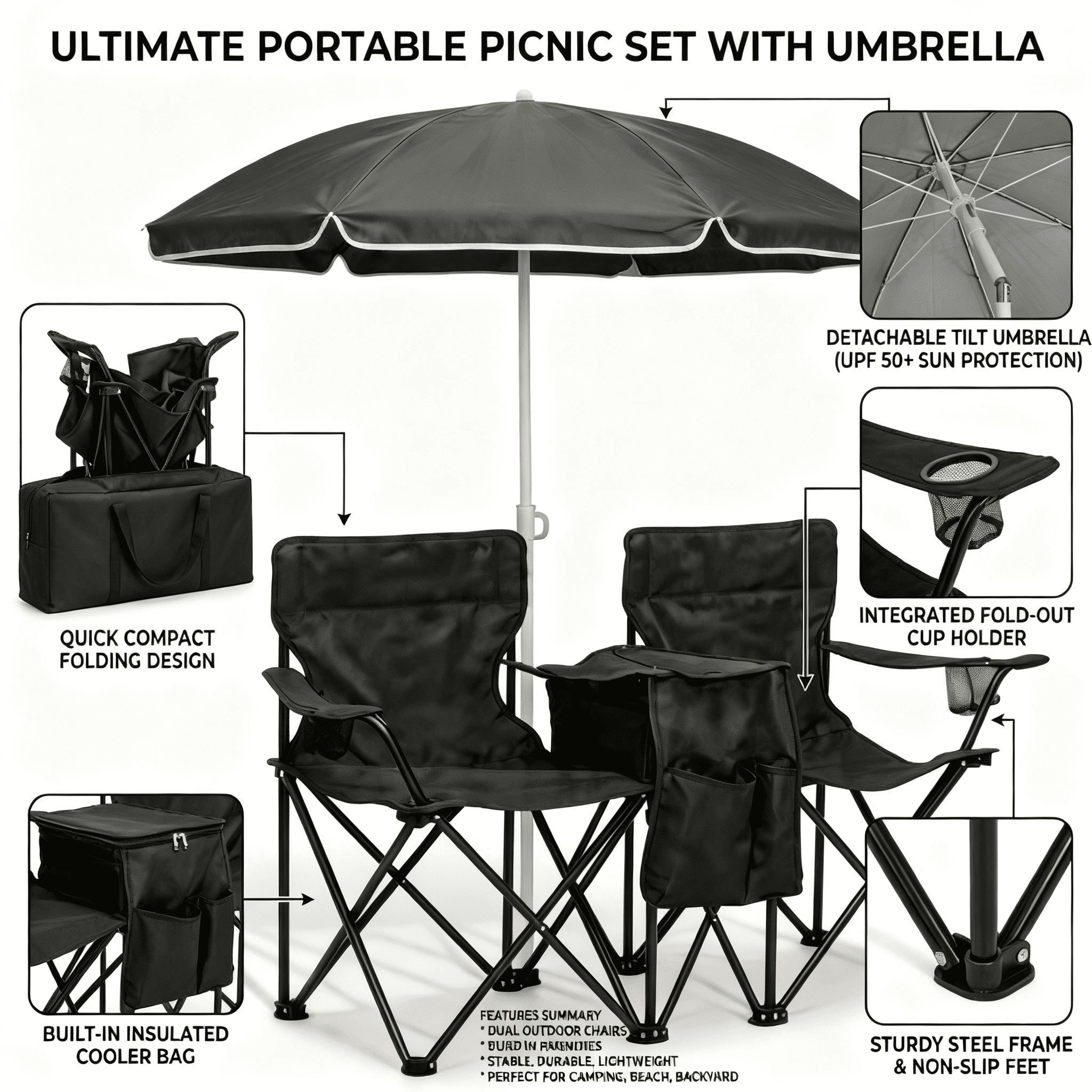 Portable Folding Picnic Chair Set with Umbrella, 2-Person Outdoor Camping Chairs Cup Holders, Foldable Beach Chair Set for Patio, Camping, Backyard, Black