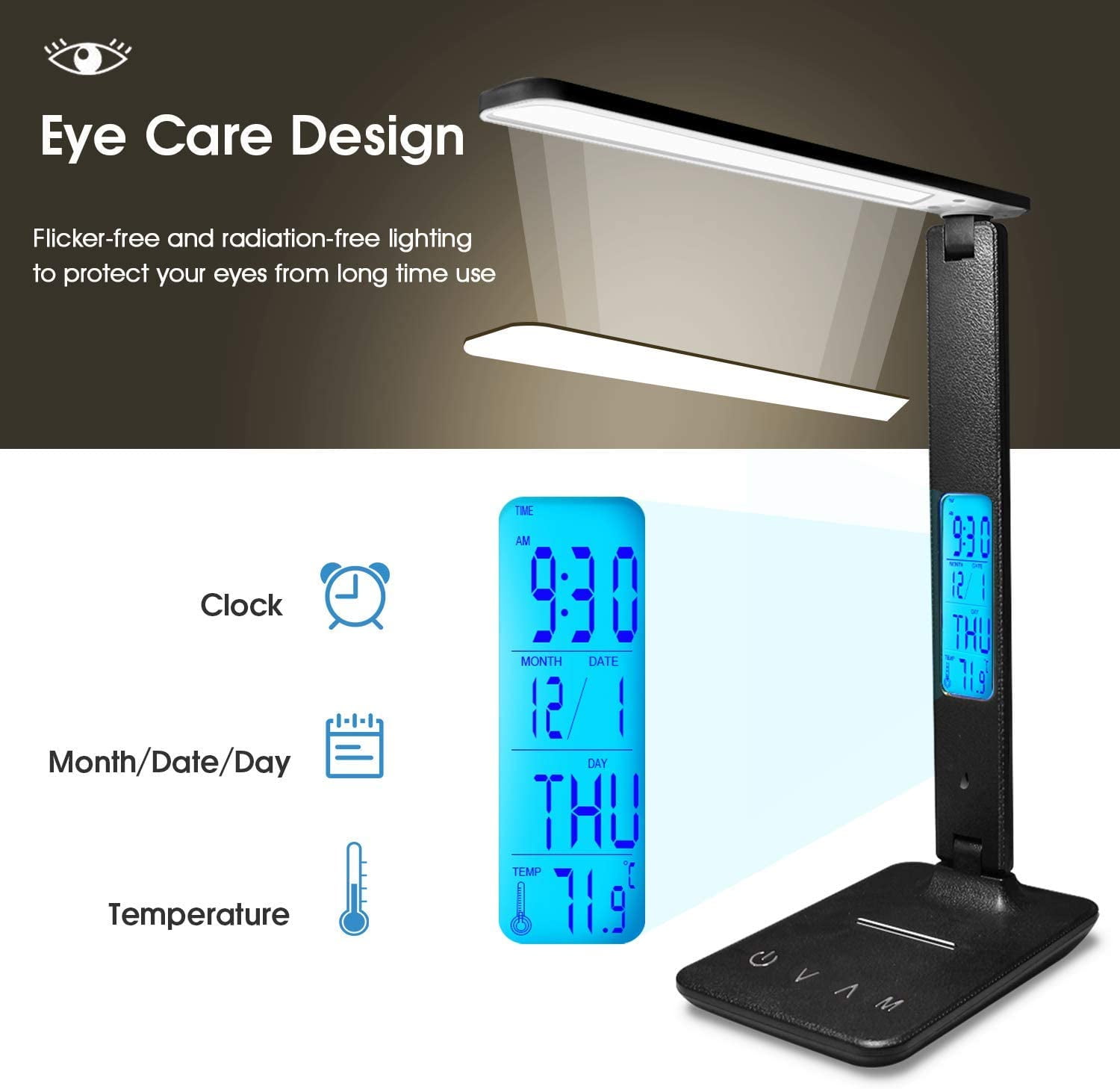 LED Desk Lamp with Wireless Charger and USB Port, Foldable, Clock and Alarm, 5-Level Dimming, Black