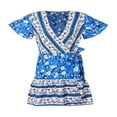 thumbnail image 2 of CNKOO Robe Bohème pour Femmes Motif Floral Manches Courtes Col en V Profond Design Taille Robe Courte Plissée Ample pour Vacances à la Plage, 2 of 6