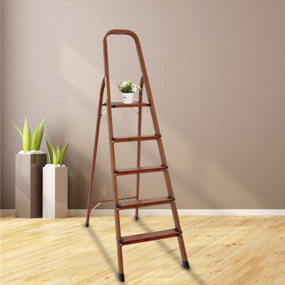 UBesGoo Lightweight Folding 5 Step Ladder, Foldable Woodgrain Aluminum ...