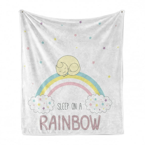 Saying Soft Flannel Fleece Throw Blanket, Sleep on a Rainbow Phrase Curled up Cat Sleeping on a Soft Color Rainbow Stripes, Cozy Plush for Indoor and Outdoor Use, 70" x 90", Multicolor, by Ambesonne