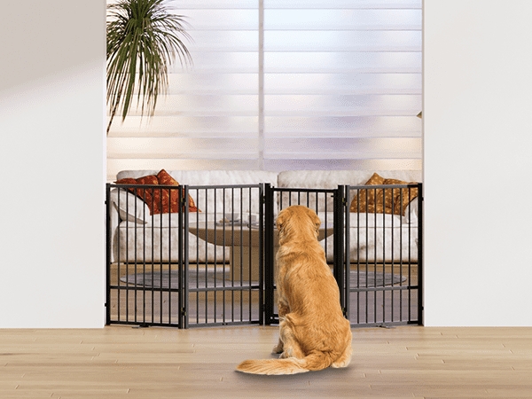 32''Height Full Matel Freestanding Dog Gate with Door, 4 Panels Extra Wide Free Standing Tall Dog Gates for Doorways,House,Stairs,Porch,Deck,Yard