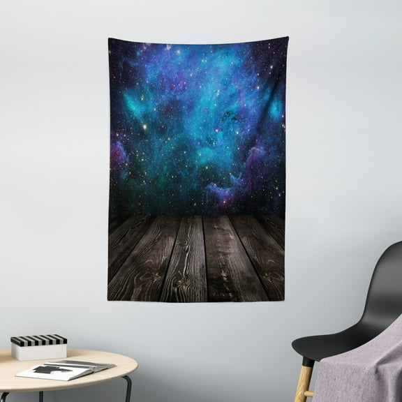 Galaxy Tapestry, Outer Space View from Rustic Wooden Deck Blue Nebula Star Magical Night, Wall Hanging for Bedroom Living Room Dorm Decor, 40W X 60L Inches, Black Blue Brown Purple, by Ambesonne