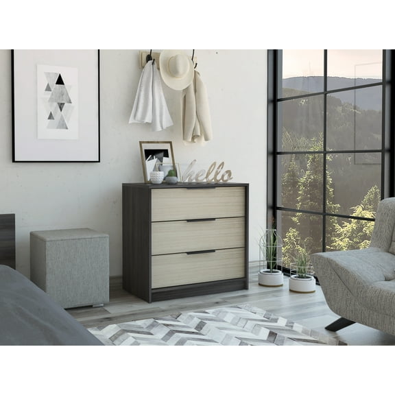 Dtwnek Rectangle Dresser with 3 Drawer, Black   Light Brown