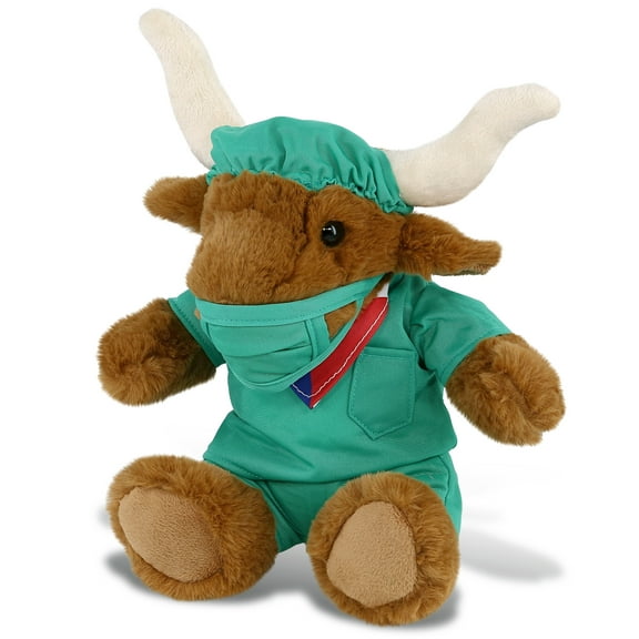 DolliBu Texas Longhorn Doctor Plush Toy - Super Soft Texas Longhorn Doctor Stuffed Animal Dress Up with Cute Scrub Uniform and Cap Outfit - Fluffy Doctor Toy Plush Gift- 9 Inches