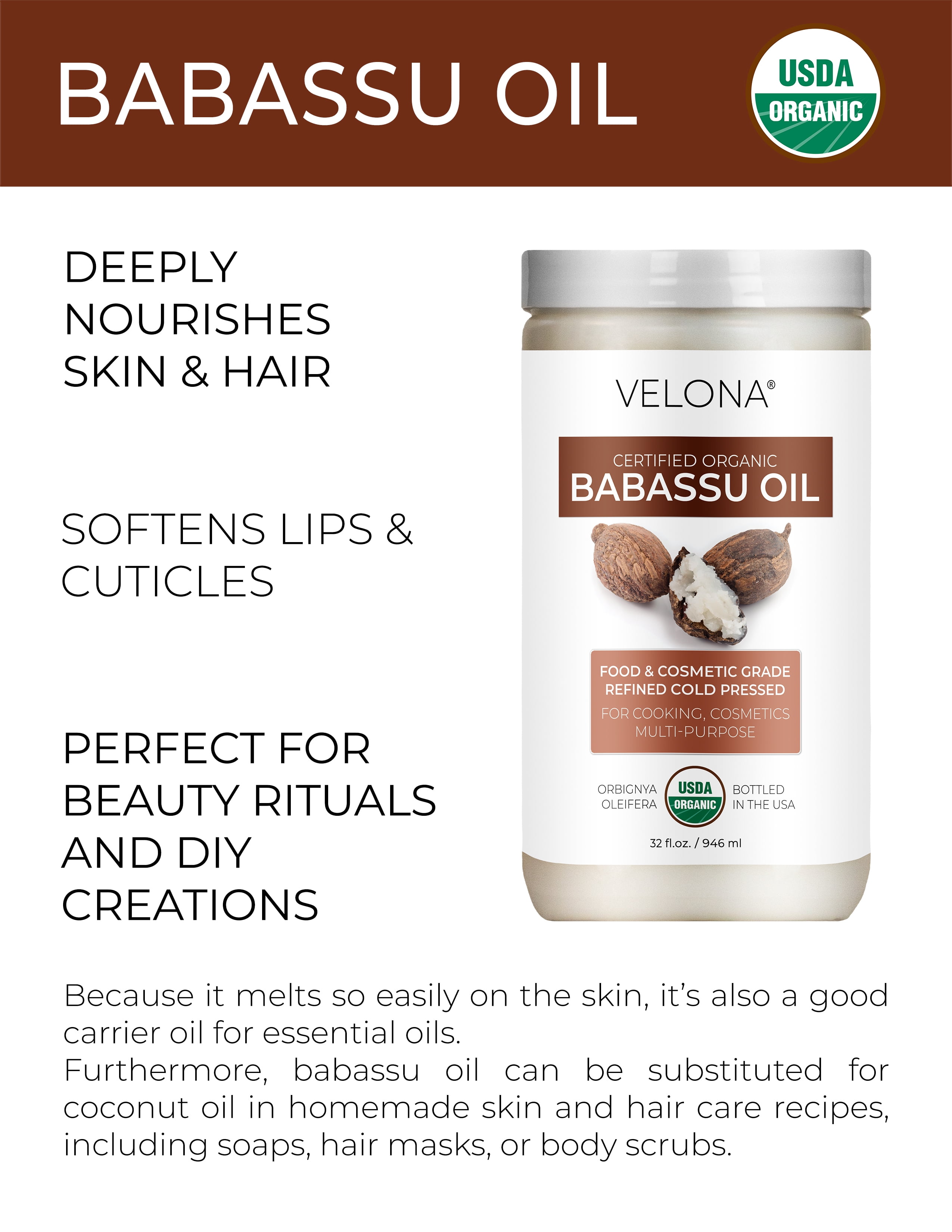 velona Babassu Oil USDA Certified Organic - 32 Fl Oz | 100% Pure and Natural Carrier Oil | Refined, Cold Pressed | Face, Hair, Body & Skin Care and Cooking | Use Today - Enjoy Results