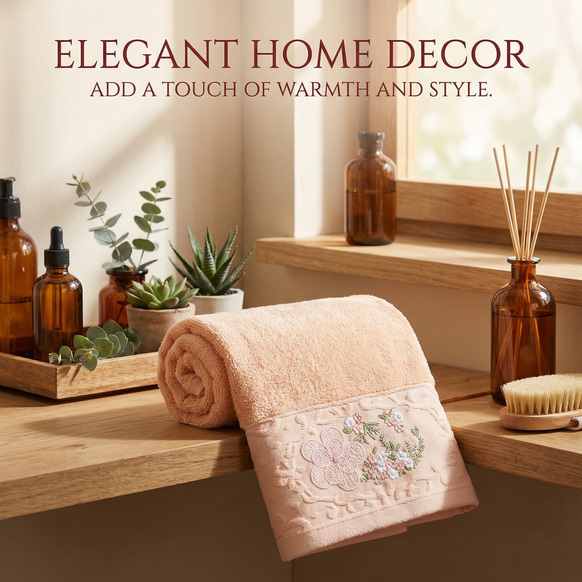 Unique Bargains Floral Embroidered Hand Towels Soft Absorbent Set Pink/Brown 29" x 13"