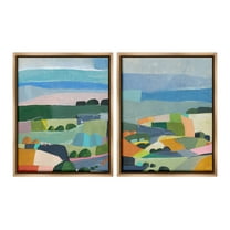 Stupell Industries Modern Farmland & River Landscape Painting Brown Floater Framed Canvas Art Print Wall Art, 17 x 21, Set of 2