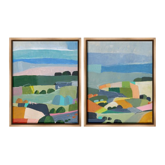 Stupell Industries Modern Farmland & River Landscape Painting Brown Floater Framed Canvas Art Print Wall Art, 17 x 21, Set of 2