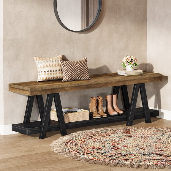 Finmind Entryway Bench with Shoe Storage, 59.06-Inch Narrow Long 2-Tier End of Bed Bench with Open Shelves for Entryway, Hallway, Bedroom, Dining Room, Living Room, Rustic Brown & Black