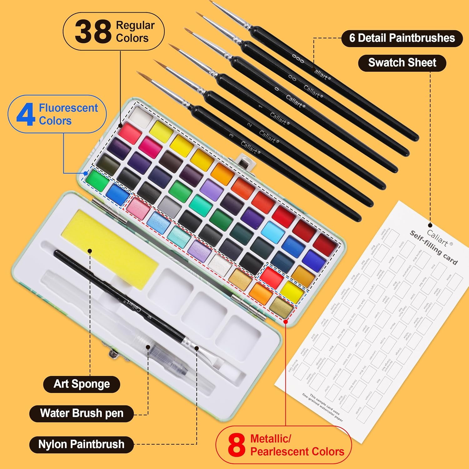 Caliart Watercolor Paint Set, 50 Colors Portable Travel Water Color Palette Kit with Detail Paint Brush, Art Supplies for Painting Coloring, Christmas Gifts for Artist Adult Teen Girls Boys Beginners